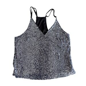 Silver Sequin Cami Tank Top V-Neck Adjustable Straps Racerback Party Blouse